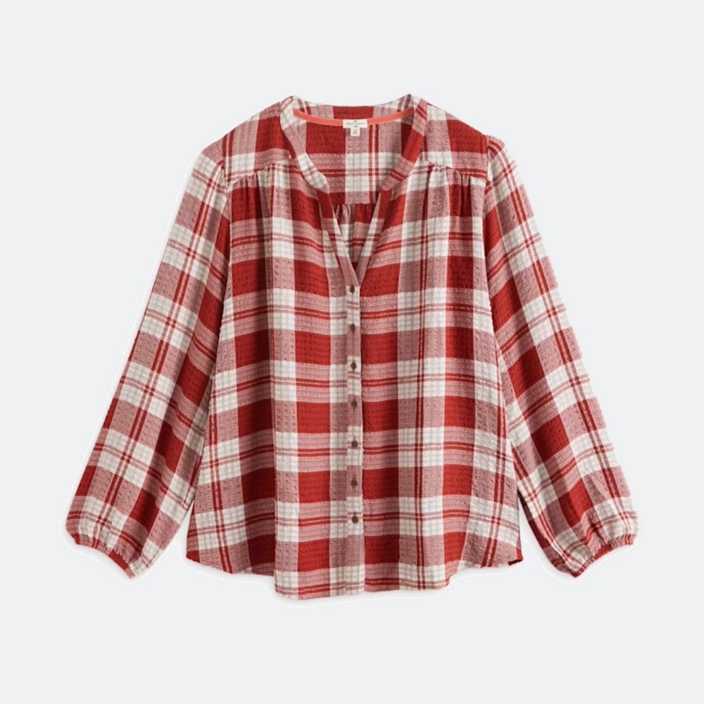Plaid Split Neck Top - Picture 2 of 11